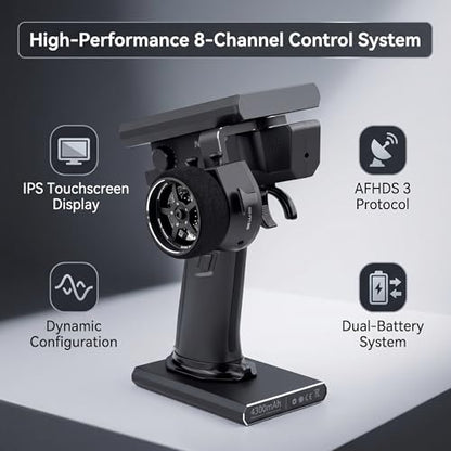 2.4G 8CH Radio Transmitter Remote Controller with FGR4S Receiver, AFHDS 3 Protocol, 3.5 Inch IPS, Dual Battery System for RC Car Boat Model Simulator Use