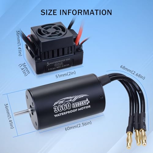 Surpass Hobby 3660 3300KV Brushless Motor and ESC 60A 2S Waterproof RC Motor ESC Combo for 1/10 Remote Control Cars Trucks Off-Road Vehicle - size: 3300KV, style: 3660 Motor and 60A ESC