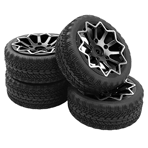 ShareGoo Metal Wheel Rims with Rubber Tire RC 12mm Hex Compatible with HSP Tamiya Kyosho RedCat Sakura WLtoys 1/10 RC On-Road Racing Touring Car (Black) - color: Black