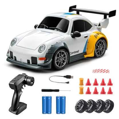 RC Drift Car, 1/24 Remote Control Drift Car for Adults Kids, 4WD 20KM/H High Speed White RC Sports Cars with LED Lights, Extra Racing Tires, Vehicle for Boys Beginners Indoor Outdoor