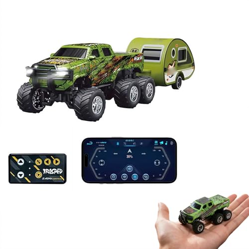 Mini Rc Truck,1/64 Scale Mini Remote Control Monster Truck with Trailer, 2.4Ghz Remote Control & APP, Rechargeable Alloy Shell RC Cars with Lights, Speed/Steering Adjustable (Green) - color: Green