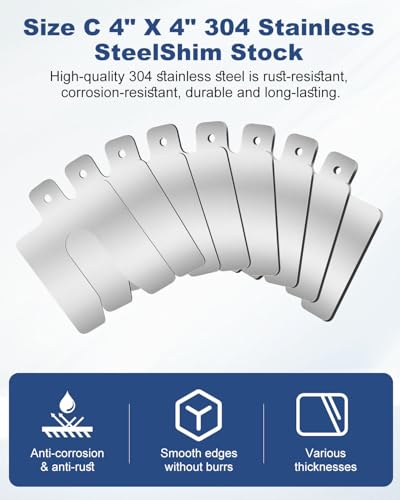 MUZIK 56 Pcs 4"x4" Metal Shims for CNC, Machining & Automotive Alignment | 304 Stainless Steel, 8 Thicknesses, Easy Identification, Precision Laser Cut, Corrosion Resistant, Burr Free Finish - size: C 4" x 4"
