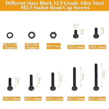 565 Pieces M2.5 Screws Nuts Washers Set Black, Sutemribor M2.5 x 4/6/8/10/12/16/20mm Hex Socket Head Cap Screws Nuts Washers Assortment Kit, 12.9 Grade Alloy Steel, Fully Threaded - size: M2.5, style: Socket Head