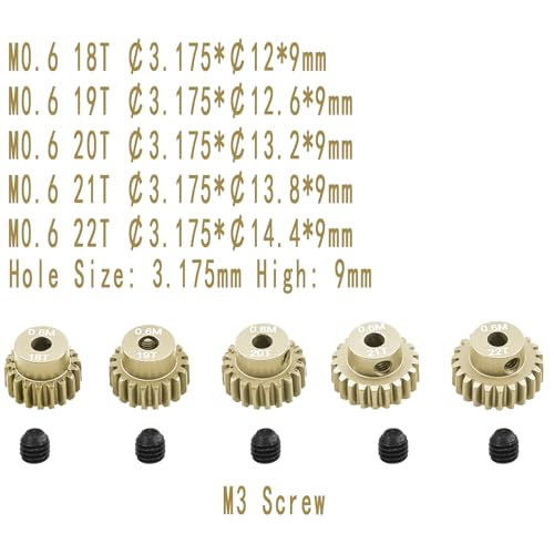 M0.6 Pinion Gear Set 3.175mm 18T 19T 20T 21T 22T 5PCS 7075Aluminum Alloy Metal Pinion Motor Gear for 1/10 RC Car Brushed Brushless Motor (5PCS)… - size: 0.6M-P-18-22T