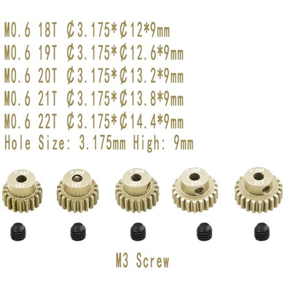 M0.6 Pinion Gear Set 3.175mm 18T 19T 20T 21T 22T 5PCS 7075Aluminum Alloy Metal Pinion Motor Gear for 1/10 RC Car Brushed Brushless Motor (5PCS)… - size: 0.6M-P-18-22T
