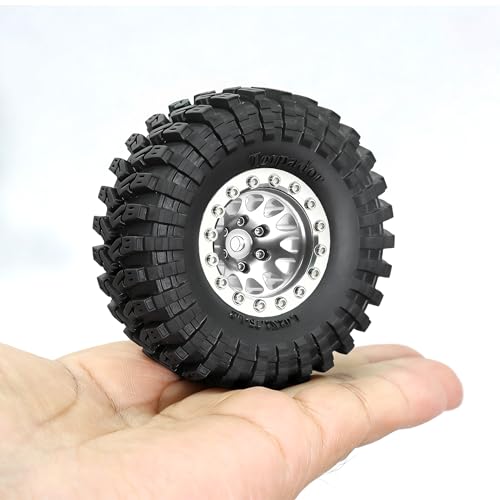 REDSPIDER•1.3 Beadlock Wheels and Tires OD 2.75'' Hex 7mm (4PCS) for 1/18 1/24 TRX4M SCX24 AX24 FCX18 FCX24 RC Crawler Car (Silvery)