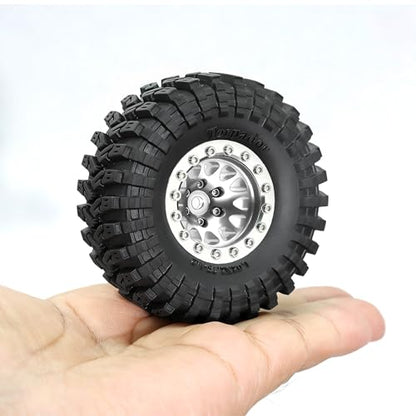 REDSPIDER•1.3 Beadlock Wheels and Tires OD 2.75'' Hex 7mm (4PCS) for 1/18 1/24 TRX4M SCX24 AX24 FCX18 FCX24 RC Crawler Car (Silvery)
