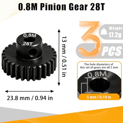 3-Pack Steel Metal 0.8M 5mm Pinion Motor Gear Sets 28T Compatible with HPI Kyosho Losi Axial Tamiya 1/8 1/10 RC Car Monster Truck Buggy, 0.8 Module Gear for Traxxsa Arrma - style: 3Pcs 28T