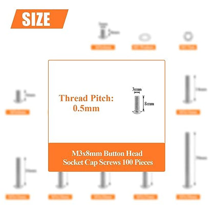 HELIFOUNER 100 Pieces M3 x 8mm, Thread Pitch 0.5mm, 304 Stainless Steel (18-8) Button Head Socket Cap Screws, Fully Threaded - size: M3 x 8mm