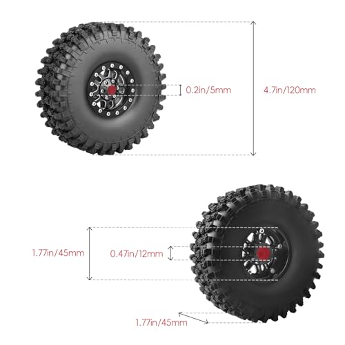 High-Grip Aluminum 1.9 Beadlock Wheels and Tires Set Combo All-Terrain for Traxxas TRX-4 Axial SCX10 Capra RC4WD Redcat Gen8 1/10 Scale RC Crawler - color: Black Rims
