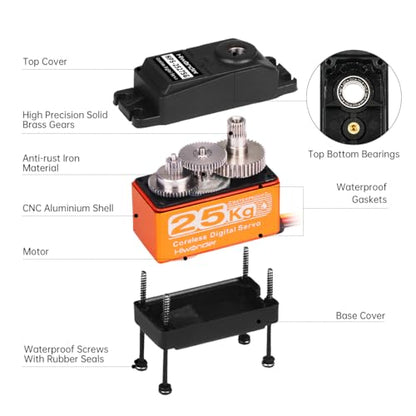 Hiwonder 25KG Servo Motor Waterproof High Torque Servo, High-Speed Coreless Motor Full Metal Gear Steering Servo for 1/6 1/8 1/10 1/12 RC Robot, with 25T Servo Horn, Control Angle 270°