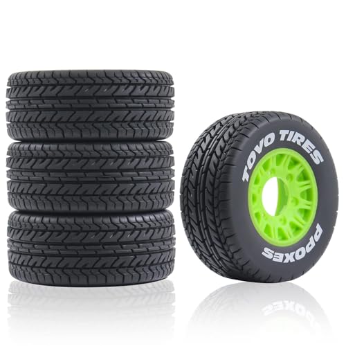 1/10 1/8 RC Short Course Truck Tires OD 4.33" and Wheels 12mm 14mm 17mm Hex for 1:8 1:10 Scale Off Road Truck Car Traxxas Slash 2WD 4×4 Rc4wd Arrma Senton Axial Losi Redcat 4PCS (Green) - color: Green