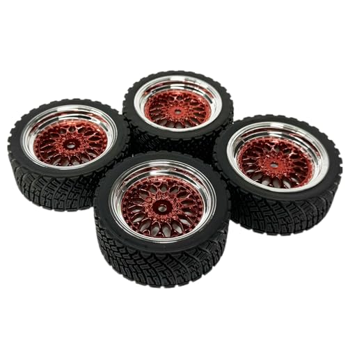 4PCS 65mm RC Rally Car Rubber Tires and Plastic Plating Wheel Rims Set 12mm Hex for 1/10 RC On-Road Rally Drift Racing Car for Tamiya HPI WR8 HSP TT02 WLtoys(Red Silver) - color: Red Silver