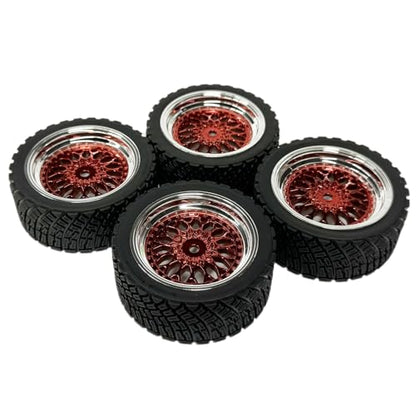 4PCS 65mm RC Rally Car Rubber Tires and Plastic Plating Wheel Rims Set 12mm Hex for 1/10 RC On-Road Rally Drift Racing Car for Tamiya HPI WR8 HSP TT02 WLtoys(Red Silver) - color: Red Silver