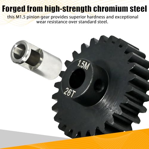 M1.5 26T Pinion Gear 8mm Bore with 8mm to 5mm Shaft Adapter Sleeve, Chromium Steel Motor Gear with Set Screw & Hex Key for Traxxas ARRMA Losi 1/5 1/8 RC Cars - size: 26T
