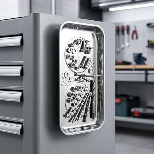 GRENPRO 4-Pack Magnetic Parts Tray Set, 2 Round 2 Square, Stainless Steel | Heavy-duty trays with extra strong magnet hold nuts, bolts, screws; anti-slip base, auto repair workshop storage - style: Square & Round (Stickers Included)