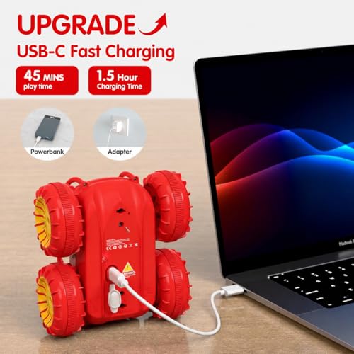Remote Control Car, Fast Direct Charging RC Cars Amphibious 360° Rotating LED Rechargeable Stunt Car 2.4Ghz 4WD All Terrain RC Race Cars Toy Christmas Birthday Gift for Kids Boys Girls Aged 3-12 years - color: Red