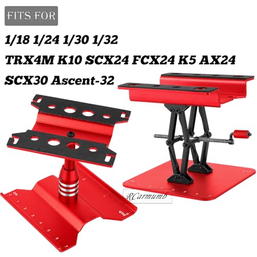 2-Pack RC Work Stand Bundle for 1/18 1/24 1/30 1/32 TRX4M K10 SCX24 FCX24 K5 AX24 SCX30 Ascent-32, 360° Rotating Display Stand & Height Adjustable Lift Table w/ 4 Pcs Jack Stands,Red w/Red - color: Red(1set)