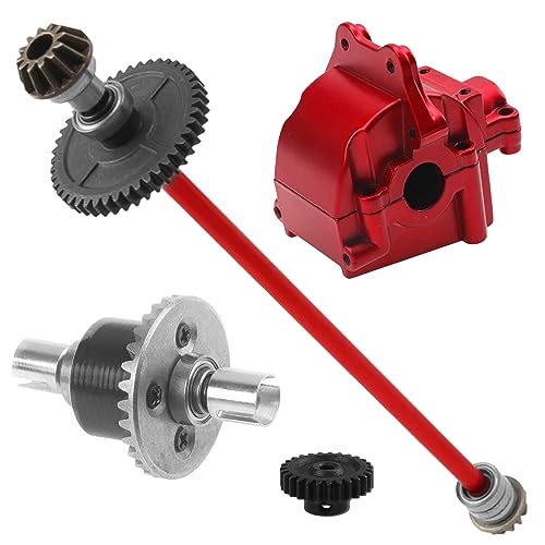ShareGoo Metal Gearbox Housing Differential Cover & Differential Gear Set & Central Drive Shaft Compatible with WLtoys 144010 144001 144002 1/14 RC Car Upgrade Part (Red) - color: Red