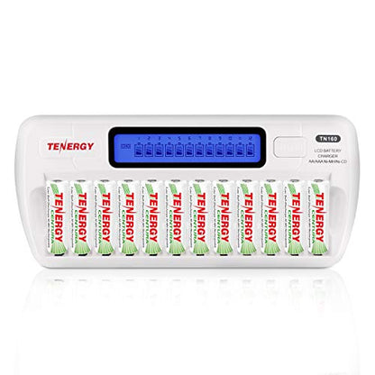 Tenergy 12 Pack Centura AA Rechargeable Batteries and TN160 12-Bay Smart Battery Charger, 12 Pack AA Low Self-Discharge Batteries and Charger for Remote Controllers, Toys, and More - size: Charger + 12 Pack Centura AA
