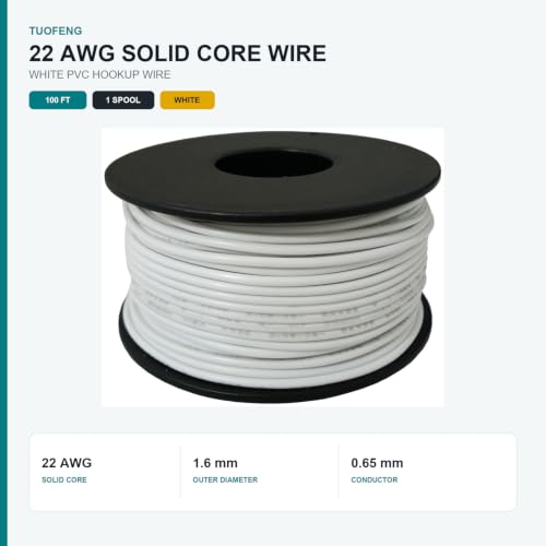 TUOFENG 22 AWG Solid Core Wire, White 100 ft, Breadboard Hookup Wire - size: 22 AWG solid wire white 100ft