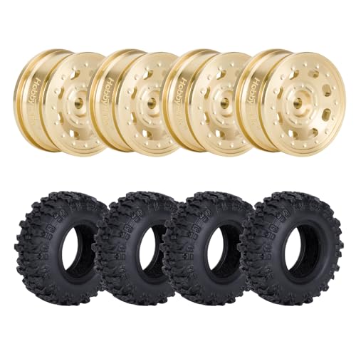 HobbyPark Brass Wheels and Tires for 1/30 Axial SCX30 Upgrades RC Crawler Parts 33x14mm 0.7" Tire with Foam Inserts, Set of 4 (Gold-8 Holes Rims) - color: Gold-8 Holes Rims