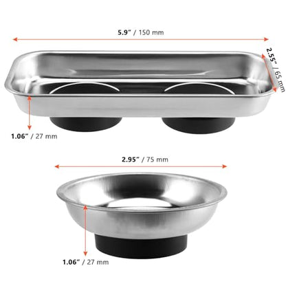 SINJEUN 10 Pieces Rectangle Magnetic Part Tray, 2 Sizs Magnetic Tray Set 6x2.55x1 and 2.95x1 Inch Stainless Steel Magnetic Tray Holder for Screws, Nut, Bolt and Metal Part - size: Rectangle + Round