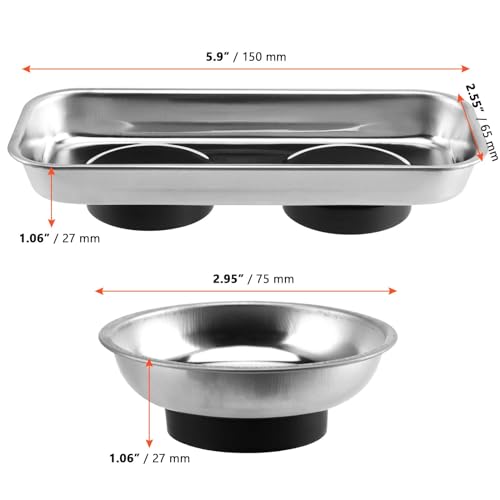 SINJEUN 10 Pieces Rectangle Magnetic Part Tray, 2 Sizs Magnetic Tray Set 6x2.55x1 and 2.95x1 Inch Stainless Steel Magnetic Tray Holder for Screws, Nut, Bolt and Metal Part - size: Rectangle + Round