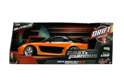 Jada Toys Fast & Furious Han’s Mazda RX-7 Drift RC Car, 1: 10 Scale 2.4Ghz Remote Control Orange & Black, Ready to Run, USB Charging (Standard) (99700)