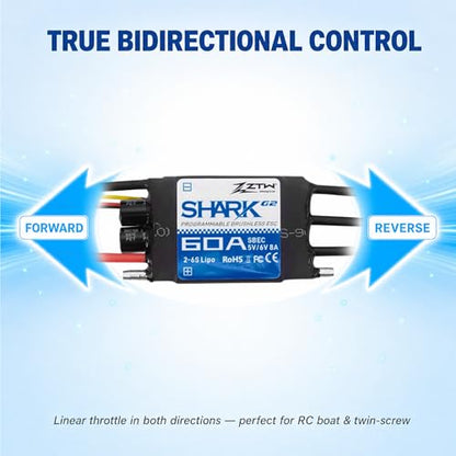 ZTW Shark G2 60A ESC 2-6S Built-in Swithcing BEC 5V/6V 8A Water-Cooling Bidirectional Waterproof Brushless Speed Controller for RC Boat Marine - size: 60A