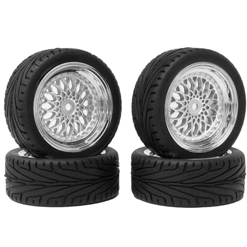 4PCS RC On-Road Car Tyres 65mm Rubber Tire and Plastic Plating Wheel Rims for 1:10 RC Run-flating Racing Touring Car for Tamiya HSP HPI Kyosho(Silver,Offset:9mm) - color: Silver, size: Offset:9mm