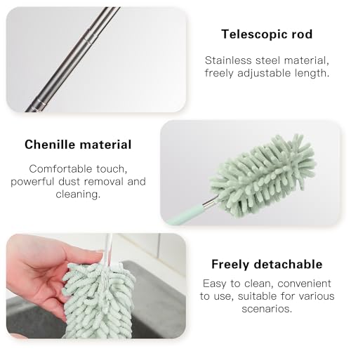 2PCS Car Interior Duster with Extension Pole, Microfiber Retractable Dusters Auto Dash Cleaning Tool, Soft Chenille Hand Washable Dusters for Vehicle Window Office Furniture (Light Green) - color: Light Green