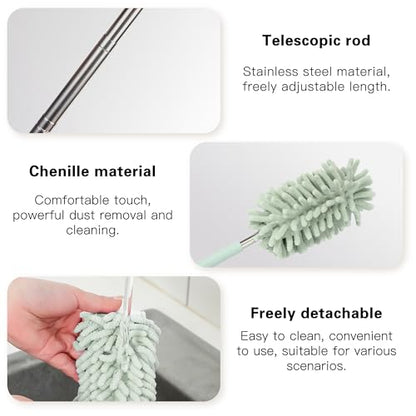 2PCS Car Interior Duster with Extension Pole, Microfiber Retractable Dusters Auto Dash Cleaning Tool, Soft Chenille Hand Washable Dusters for Vehicle Window Office Furniture (Light Green) - color: Light Green