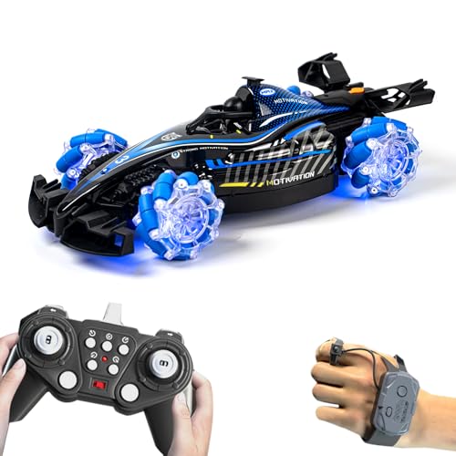 RC Stunt Car, Gesture Sensing Remote Control Car with Sound Lights and Spray, 2.4GHz 4WD 360° Rotating RC Cars for Teens (Blue) - color: Blue, size: 1 Battery