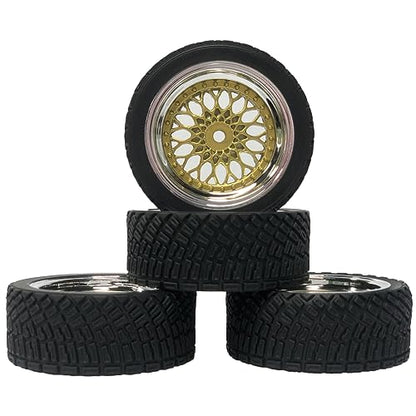 4PCS 65mm RC Rally Car Rubber Tires and Plastic Plating Wheel Rims Set 12mm Hex for 1/10 RC On-Road Rally Drift Racing Car for HSP Tamiya Sakura HPI WR8 HSP TT02 WLtoys (Gold Silver) - color: Gold Silver