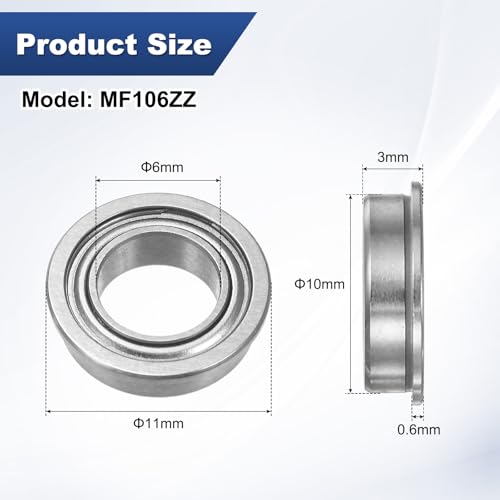 M METERXITY 20-Pack MF106ZZ Flanged Ball Bearing, 6 x 10 x 3mm Double Metal Shielded Chrome Steel (GCr15) Flange Rip Bearings for Wheelbarrow/Printer/Fax Machines/Power Tools - size: 6mm x 10mm x 3mm