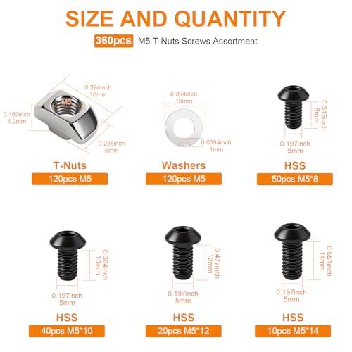 360pcs M5 T-Nut Screw Kit for 2020/2040 Series Aluminum Extrusion | 120 T-nuts+120 black hex socket screws(M5×8/10/12/14mm)+120 washers. For 3D printers, CNC, laser engravers - size: 360pcs M5 Kit (w/ Washers)
