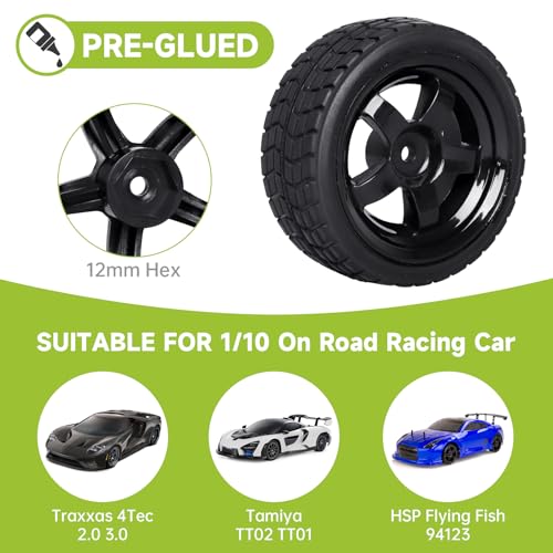 Pre-Glued OD 2.55" 12mm Hex Wheels Rims and Rubber Tires for Traxxas Tamiya HPI HSP Redcat RC 1/10 On Road Racing Car, Set of 4 (Color D) - color: Color D