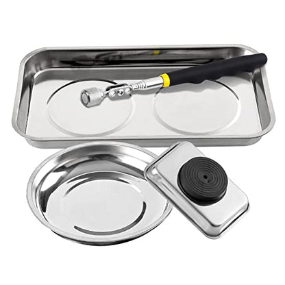 3 Pieces Magnetic Trays with 8LBs Telescoping Magnetic Pick-up Tool Set, 9.5" and 3.7" Rectangle, 6" Round Bowl Stainless Steel Magnet Parts Tray for Screws, Mechanic's - size: 9.5" 3.7" 6"+8LB Pickup