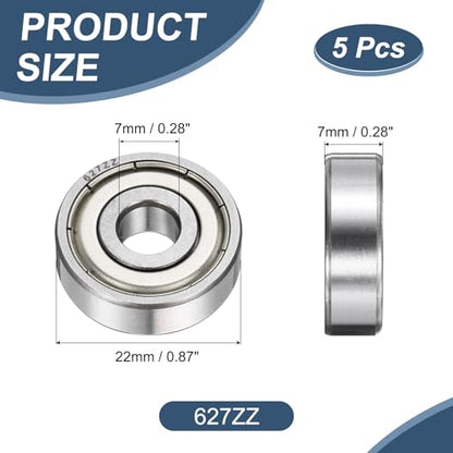 uxcell 5 Pack 627ZZ Deep Groove Ball Bearings, 7x22x7mm Chrome Steel Double Shield Bearing for Electric Motor, Home Appliances, Garden Machinery, (ABEC5) - size: 627ZZ