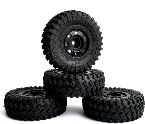 4Pack 1.3-inch beadlock wheels and rubber tire set suitable for 1/18 1/24 RC off-road vehicles compatible with Axial SCX24 TRX4M FMS FCX24 Enduro24 upgrade kits.