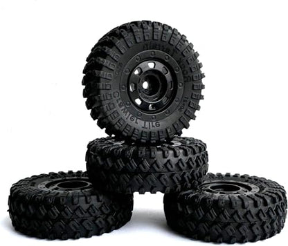 4Pack 1.3-inch beadlock wheels and rubber tire set suitable for 1/18 1/24 RC off-road vehicles compatible with Axial SCX24 TRX4M FMS FCX24 Enduro24 upgrade kits.