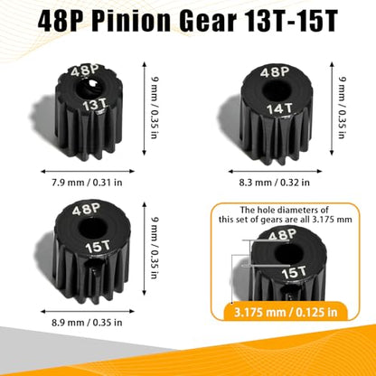 3PCS 48P Pinion Gear Set Hardened Steel 3.175mm Shaft 13T 14T 15T with Screws & Hex for 1/10 RC Arrma Traxxas HPI Kyosho Losi Axial SCX10 Tamiya Monster Truck Buggy Motor Upgrade Parts - size: 13 14 15T