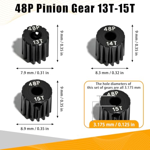3PCS 48P Pinion Gear Set Hardened Steel 3.175mm Shaft 13T 14T 15T with Screws & Hex for 1/10 RC Arrma Traxxas HPI Kyosho Losi Axial SCX10 Tamiya Monster Truck Buggy Motor Upgrade Parts - size: 13 14 15T