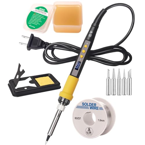 LDK 80W Soldering Iron Kit, 110V Digital Soldering Iron | with 5 Solder Tips, Solder Wire, Adjustable Temperature Solder Welding Tools, Fast Heating, Electrical Repair - color: Yellow