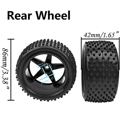 4Pack HIRCQOO OD 88mm/3.46" Front & Rear Rubber Plastic Wheel Rims Tires 12mm Hex Hub Compatible with Redcat Tornado Shockwave HPI HSP ExceedRC Kyosho 1/10 Scale Off Road Buggy (Black) - color: Black