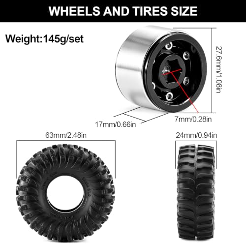 1.0" Beadlock Aluminum Wheels and 64mm Soft Rubber Tires | for SCX24, TRX4M, Ascent 18, FCX24, 1/18 1/24 RC Crawler, 7mm Hex, 0mm Offset, with Foam Inserts, (Black A) - color: Black a