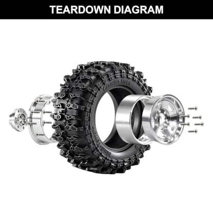 1.9" Beadlock Aluminum Wheels and 90mm Soft Rubber Tires for MJX Hyper Go H12Y, MN128, 1/12 RC Crawler Upgrade Parts, Set of 4 with Foam Inserts