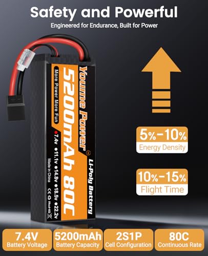 Youme 2S Lipo Battery 7.4V 5200mAh 80C Hardcase Tr for RC Truck Boat 2pcs | 7.4V RC Lipo Batteries 5200mAh 80C Hard Case for Most 1/8 1/10 RC Car/Vehicle/Truck/Buggy Boat Drone Models