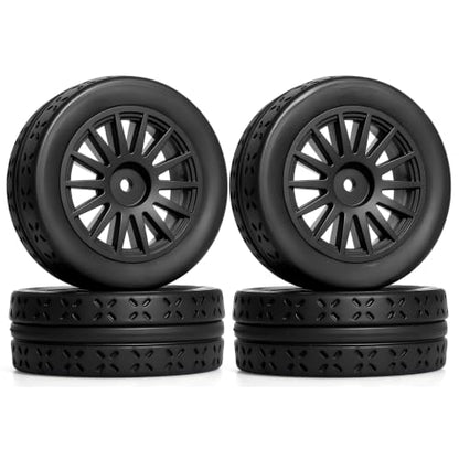 OD 70mm 1/10 RC Rally Racing Street Tires and Hard Plastic Wheels 12mm Hex for MJXRC 10304 Tamiya TT01 TT02 XV02 XV01 TA06 HPI KYOSHO PTG2 1:10 Scale On Road Drift Touring Car 4PCS (Black) - color: Black
